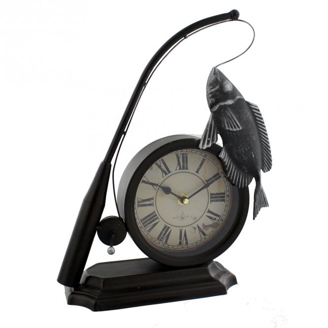Hometime  Fishing Rod & Fish Metal Mantel Clock 32.5 x 26 x 10cm