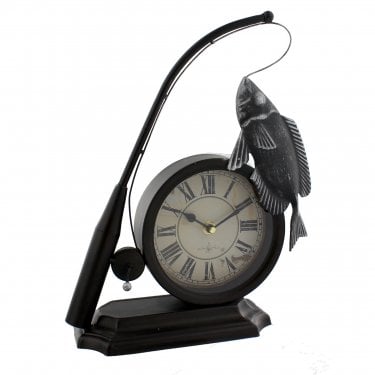 Hometime Fishing Rod & Fish Metal Mantel Clock 32.5 x 26 x 10cm