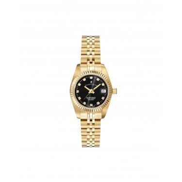 Jacques du Manoir Ladies Inspiration Elegance 26mm CZ Black Dial Gold Tone Stainless Steel Watch