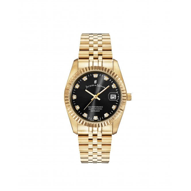 Jacques Du Manoir  Ladies Inspiration Elegance CZ Black Dial Gold Tone Stainless Steel Watch