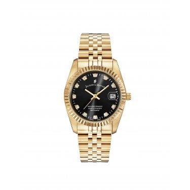 Jacques du Manoir Ladies Inspiration Elegance CZ Black Dial Gold Tone Stainless Steel Watch