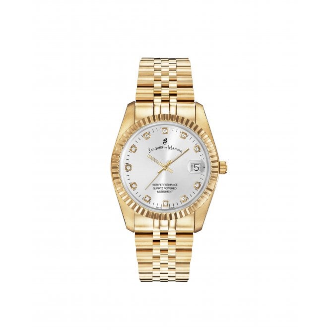 Jacques Du Manoir  Ladies Inspiration Elegance CZ Silver Dial Gold Tone Stainless Steel Watch