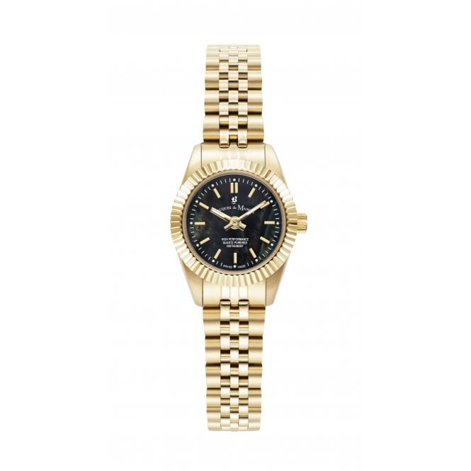 Jacques Du Manoir  Ladies Mini Inspiration 22mm CZ Black Dial Gold Tone Stainless Steel Watch