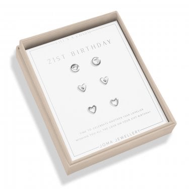 Joma Jewellery Boxed Life's A Charm '21st Birthday' 3 Pairs of Stud Earrings 0.7 x 0.7cm 