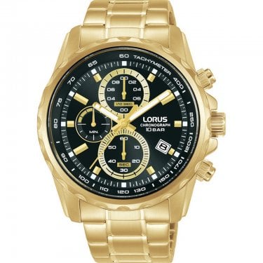 Lorus Gents Chronograph Black Dial Gold Tone Stainless Steel Watch