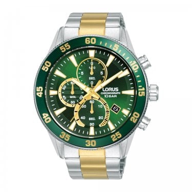 Lorus Gents Chronograph Green Dial Two Tone Stainless Steel Watch 