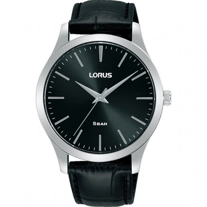 Lorus  Gents Classic Black Dial Black Leather Strap Watch