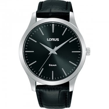 Lorus Gents Classic Black Dial Black Leather Strap Watch