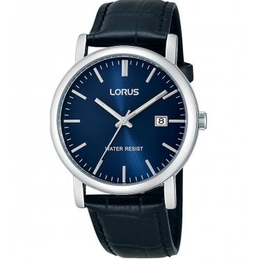 Lorus Gents Classic Blue Dial Black Leather Strap Watch 