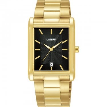 Lorus Gents Classic Rectangular Black Dial Gold Tone Watch