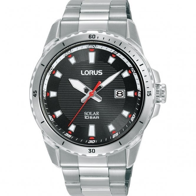 Lorus  Gents Elegant Sports Black Dial Stainless Steel Solar Watch