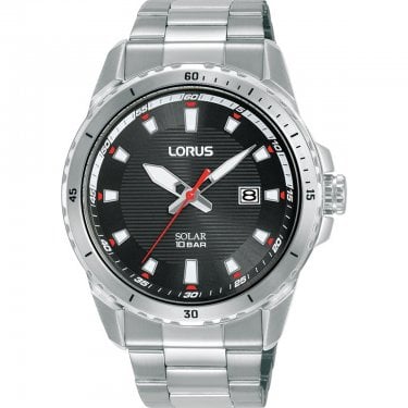Lorus Gents Elegant Sports Black Dial Stainless Steel Solar Watch