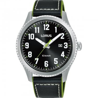 Lorus Gents Sports Black Dial Black Leather Strap Watch