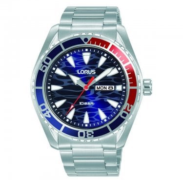 Lorus Gents Sports Blue Wave Dial Bezel Rotator Stainless Steel Watch