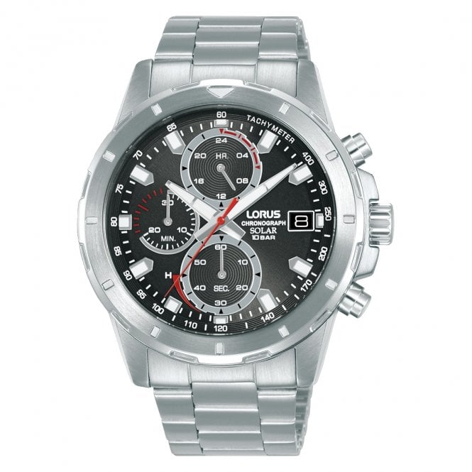 Lorus  Gents Sports Chronograph Black Dial Stainless Steel Solar Watch