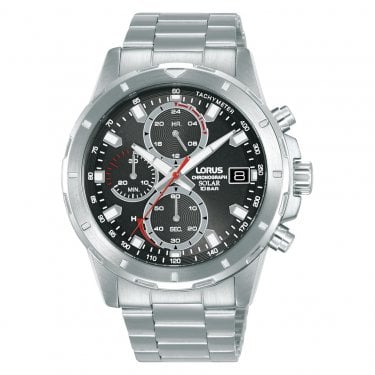 Lorus Gents Sports Chronograph Black Dial Stainless Steel Solar Watch