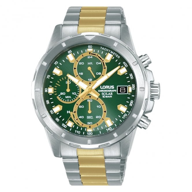 Lorus  Gents Sports Chronograph Green Dial Two Tone Stainless Steel Solar Watch