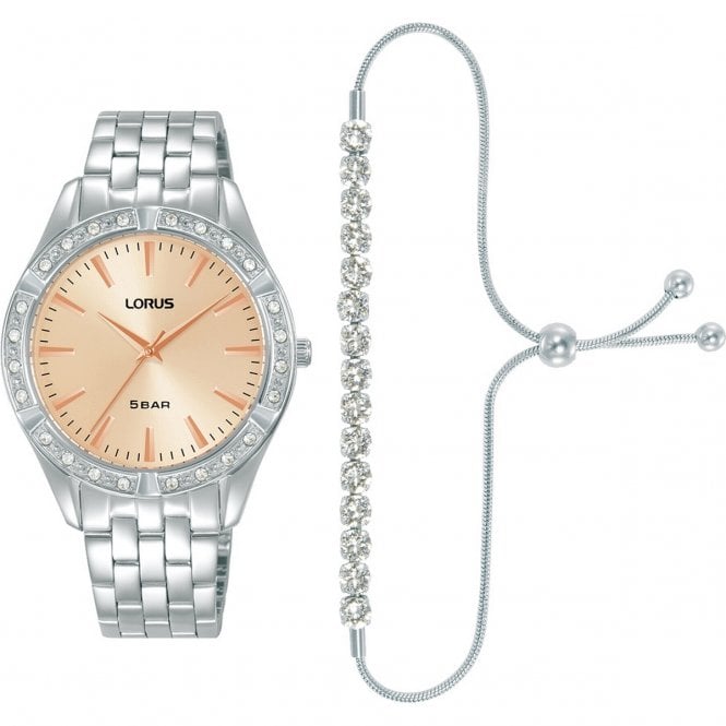 Lorus  Ladies Classic CZ Pink Dial Stainless Steel Watch & CZ Adjustable Slider Bracelet Set 