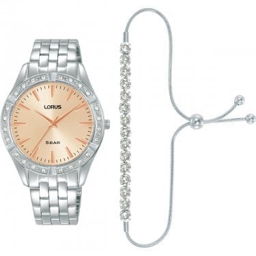 Lorus Ladies Classic CZ Pink Dial Stainless Steel Watch & CZ Adjustable Slider Bracelet Set 
