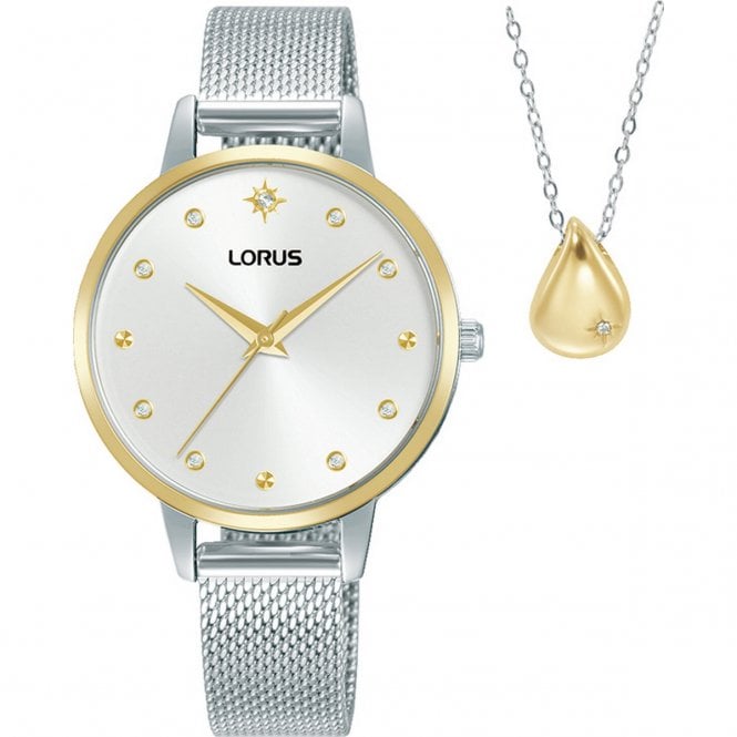 Lorus  Ladies Classic Two Tone Mesh Strap Watch & Necklace Set 