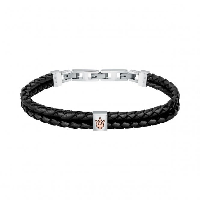 Maserati  Double Row Black Leather & Stainless Steel Clasp Bracelet 22cm