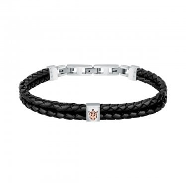 Maserati Double Row Black Leather & Stainless Steel Clasp Bracelet 22cm