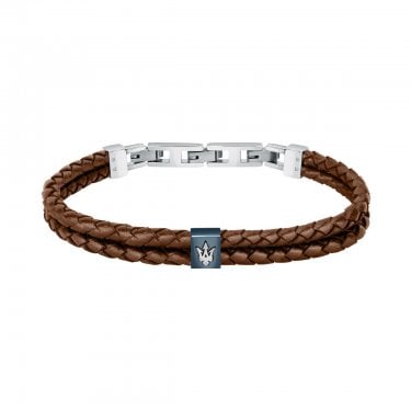 Maserati Double Row Brown Leather & Stainless Steel Clasp Bracelet 22cm