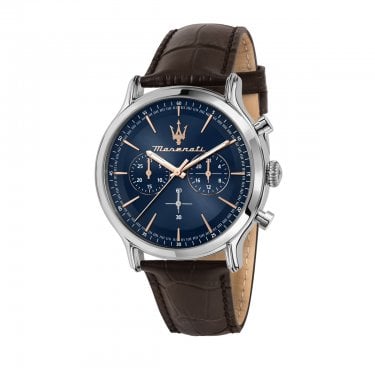Maserati Gents Epoca Blue Dial Chronograph Brown Leather Strap Watch