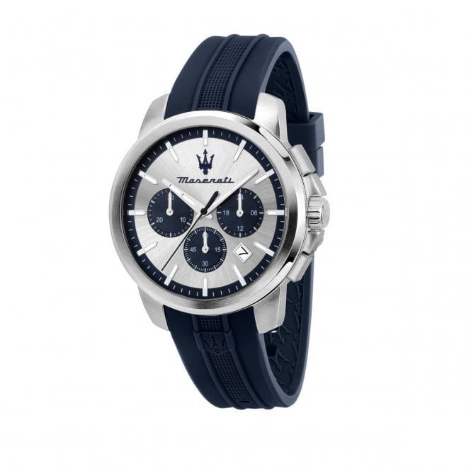 Maserati  Gents Succeso Silver Dial Blue Silicone Strap Chronograph Watch