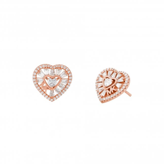 Michael Kors Jewellery Michael Kors Premium Kors Love Sterling Silver Rose Gold Tone Tapered Baguette Heart Stud Earrings 1.4x1.47cm