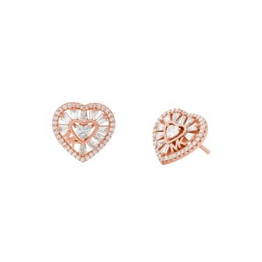 Michael Kors Premium Kors Love Sterling Silver Rose Gold Tone Tapered Baguette Heart Stud Earrings 1.4x1.47cm
