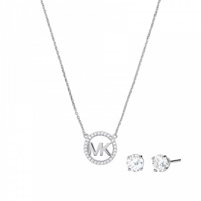 Michael Kors Jewellery Michael Kors Premium Kors MK Sterling Silver CZ MK Logo Necklace & Earrings Set 0.6cm, 0.9cm, 40cm + 5cm