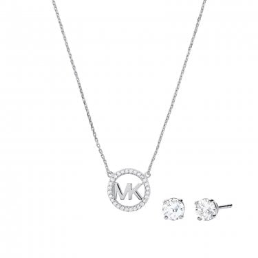 Michael Kors Premium Kors MK Sterling Silver CZ MK Logo Necklace & Earrings Set 0.6cm, 0.9cm, 40cm + 5cm