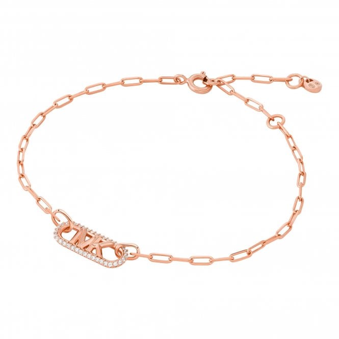 Michael Kors Jewellery Michael Kors Premium MK Statement Link Sterling Silver Rose Gold Tone Pavé Empire Link Chain Bracelet 1.8x2cm, 15.5cm