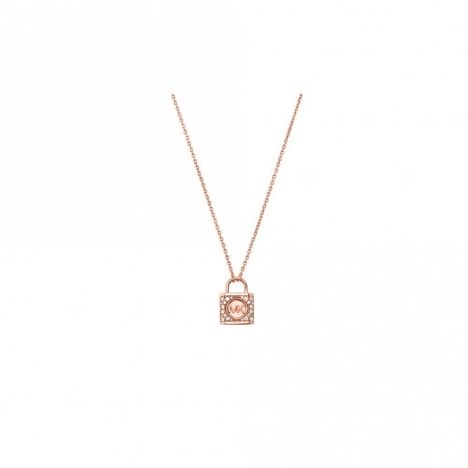 Michael Kors Jewellery Michael Kors Premium Sterling Silver 14K Rose Gold CZ Lock Necklace 38-43cm 