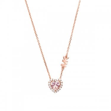 Michael Kors Premium Sterling Silver Rose Gold Tone Pink Heart CZ Necklace 16-18"