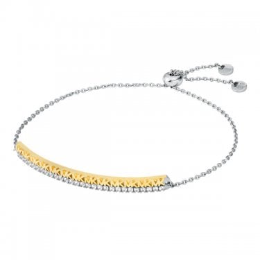 Michael Kors Premium Two Tone Sterling Silver & 14K Yellow Gold Tone CZ MK Slider Bracelet