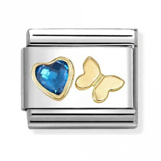 Nomination  Blue CZ Heart with Butterfly Yellow Gold Charm
