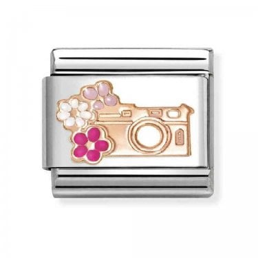 Nomination Camera with Flowers Rose Gold Charm