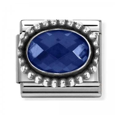 Nomination Dark Blue Faceted CZ Oval with Beaded Dot Trim Silver Shine Charm