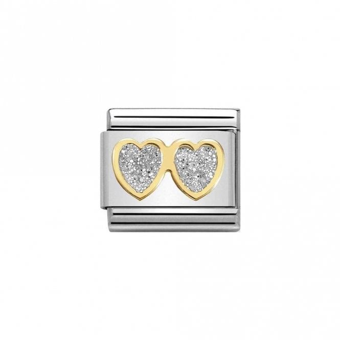 Nomination  Double Silver Glitter Hearts Yellow Gold