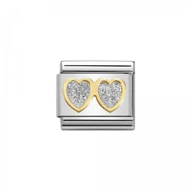 Nomination Double Silver Glitter Hearts Yellow Gold