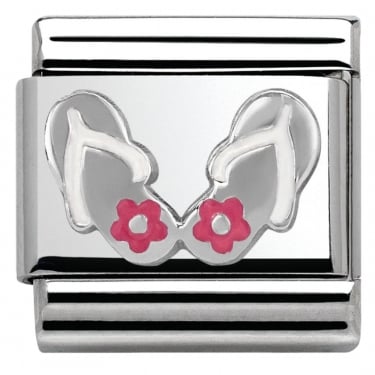 Nomination Flip Flop Pink Flowers Silver Shine