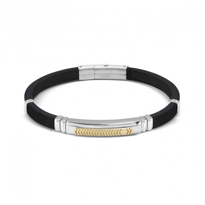 Nomination  Gents City Gold PVD White CZ Black Rubber & Stainless Steel Bracelet 3.5 x 0.7cm, 19-21cm
