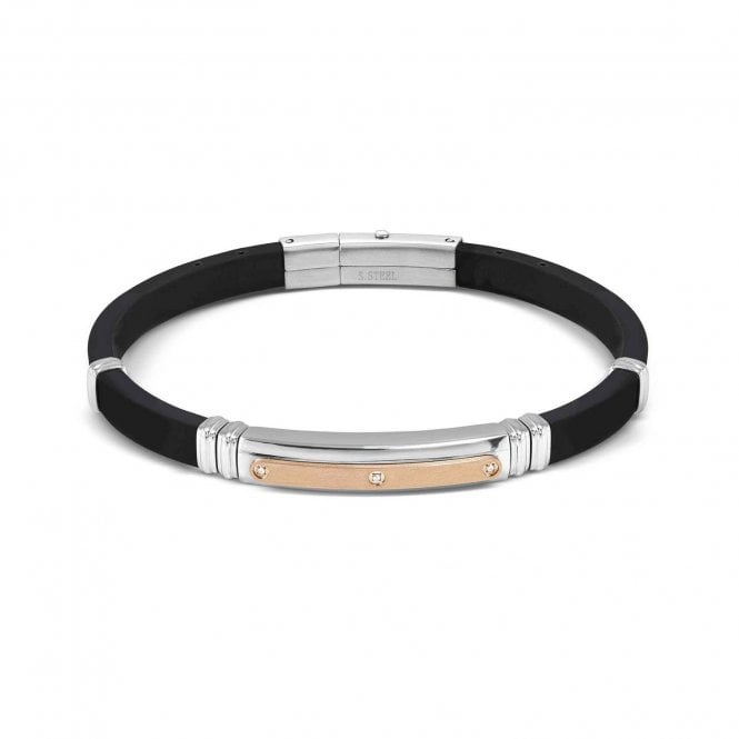 Nomination  Gents City Rose Gold PVD 3 CZ Black Rubber & Stainless Steel Bracelet 3.5 x 0.7cm, 19-21cm