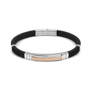 Nomination Gents City Rose Gold PVD 3 CZ Black Rubber & Stainless Steel Bracelet 3.5 x 0.7cm, 19-21cm
