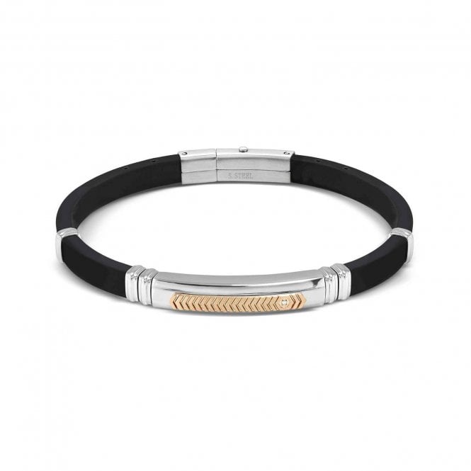 Nomination  Gents City Rose Gold PVD White CZ Black Rubber & Stainless Steel Bracelet 3.5 x 0.7cm, 19-21cm
