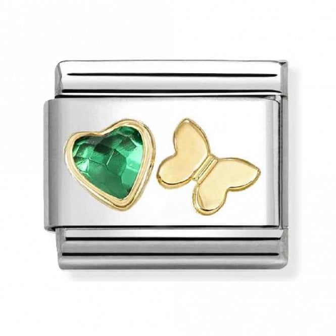Nomination  Green CZ Heart with Butterfly Yellow Gold Charm