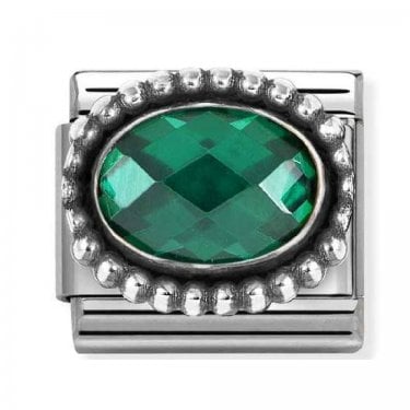 Nomination Green Faceted CZ Oval with Beaded Dot Trim Silver Shine Charm