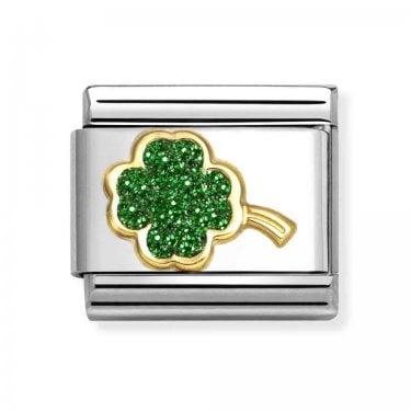 Nomination Green Glitter Four-Leaf Clover Yellow Gold Charm